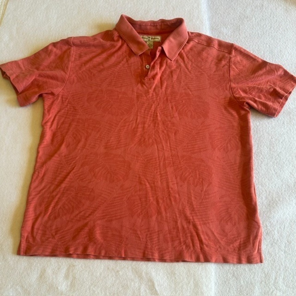 Tommy Bahama Polo Shirt Mens XL Orange Silk Cotton Tropical Leaf Print Resort